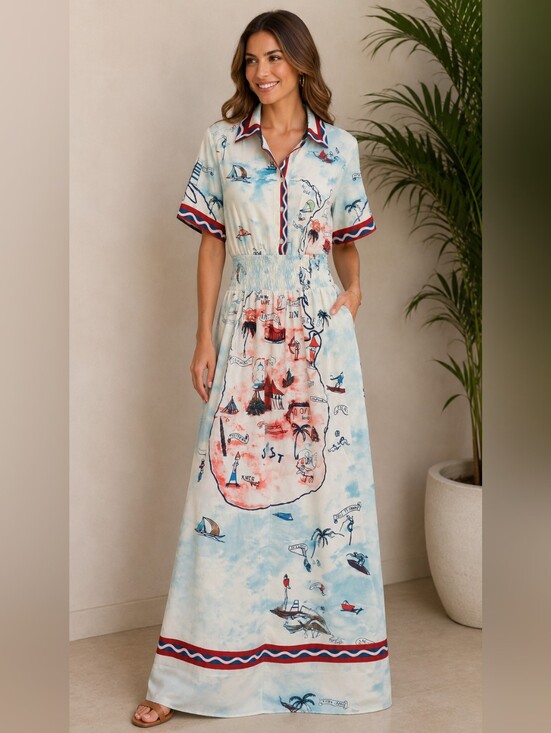 Halfheart Dresses & Skirts - Halfheart Women’s Blue & Coral Map-Print Shirtdress Long PTP 19 Length 60